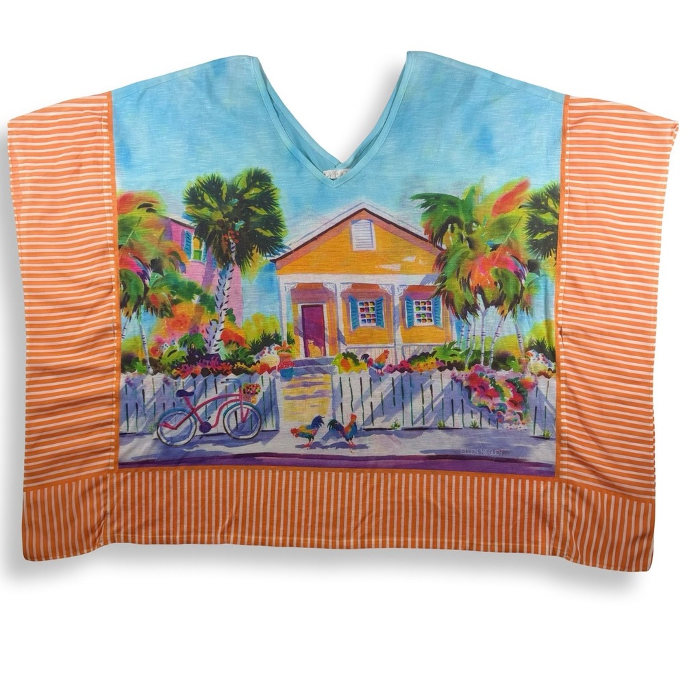 Ellen Negley Tropical Beach House Art Poncho Top Orange Stripe V-Neck Large